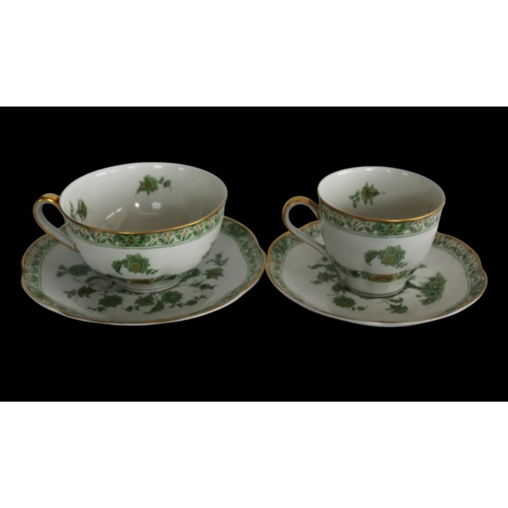 Haviland Limoges Bonneval White w Green Gilded Floral Tea Cup & Saucer Set of 2